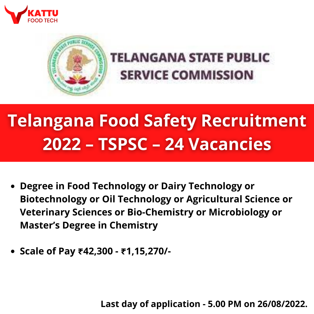 Telangana Food Safety Recruitment 2022 – TSPSC – 24 Vacancies | KATTUFOODTECH | Government Food technology jobs