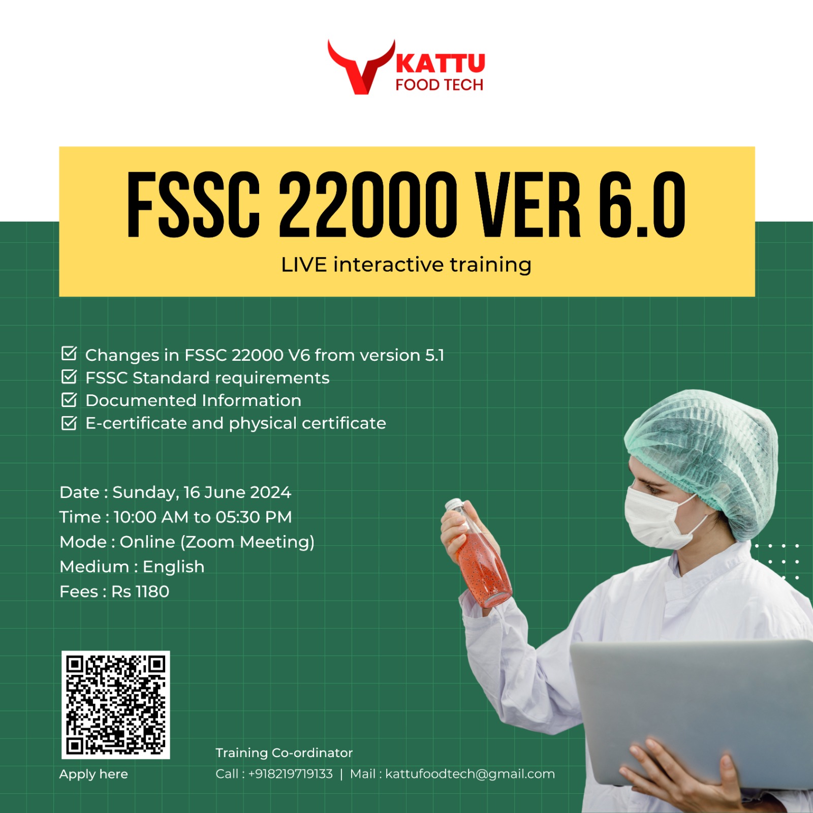 FSSC Version 6.O Training Program - One Day Online Training - Check important dates, training structure. Training certificate + material | KATTUFOODTECH