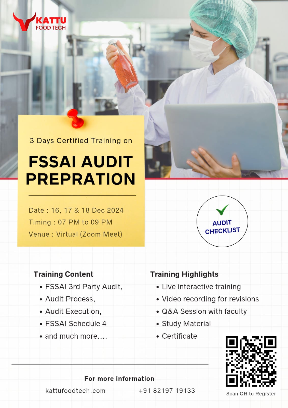 Awareness training on FSSAI Audit Preparation - Manufacturing - Click here for upcoming dates, content to be covered in training | KATTUFOODTECH