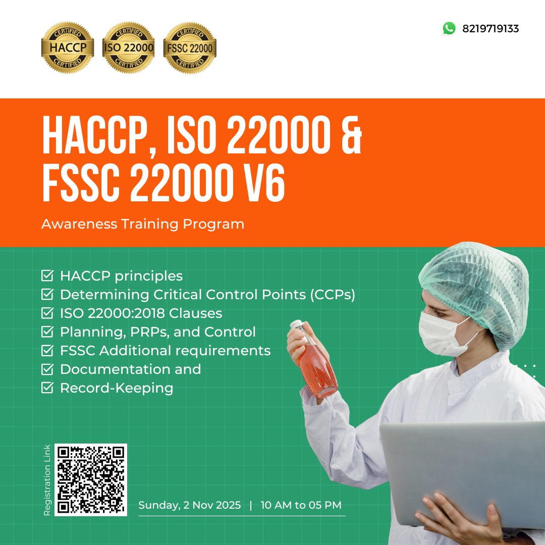 HACCP, ISO 22000:2018 with FSSC 22000 V6 Single Day Training Program - Click here for upcoming batches, syllabus, course content, certificate | KATTUFOODTECH