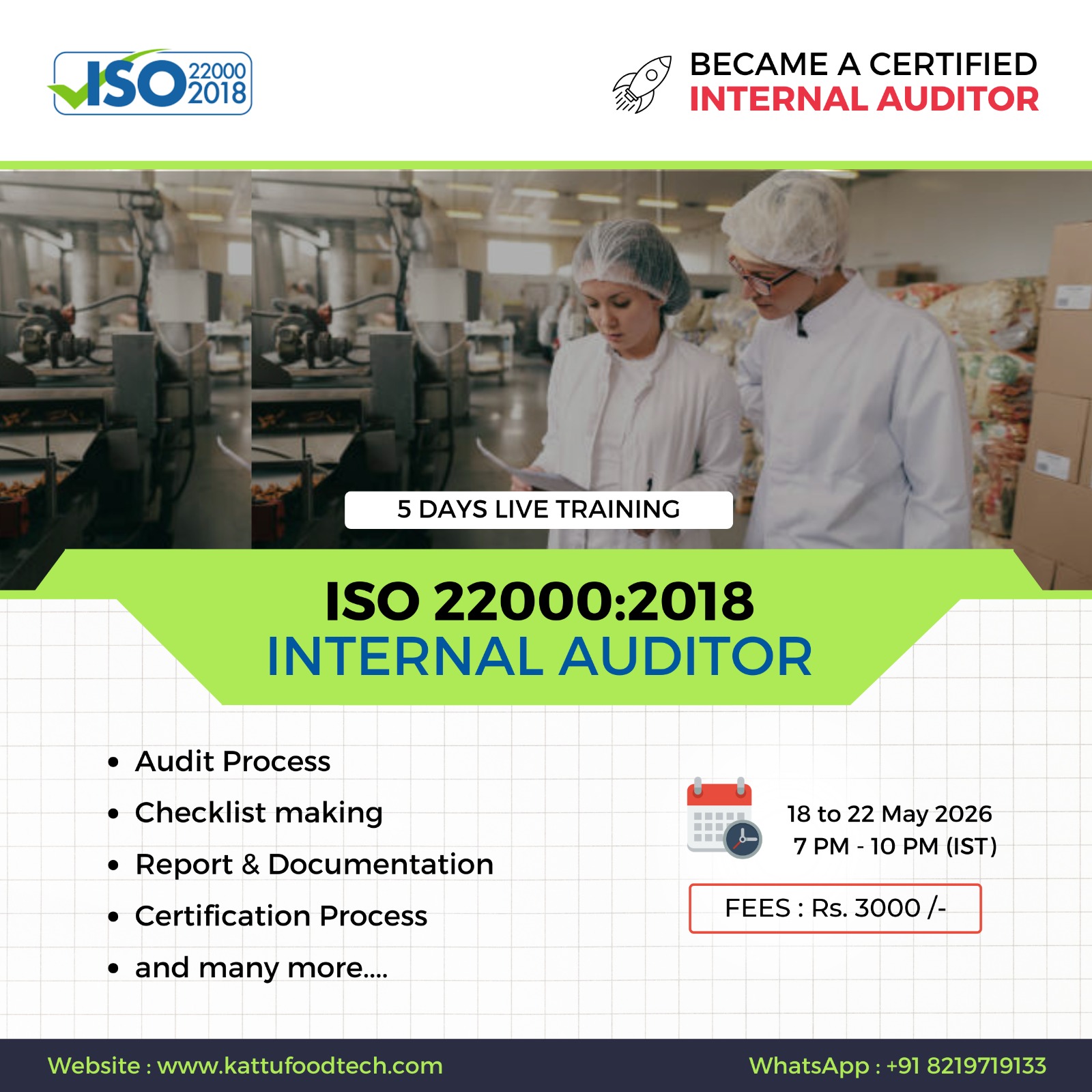 ISO 22000:2018 Internal Auditor Training - 5 Days training program - Check here for upcoming dates, certificate details, trainer | KATTUFOODTECH