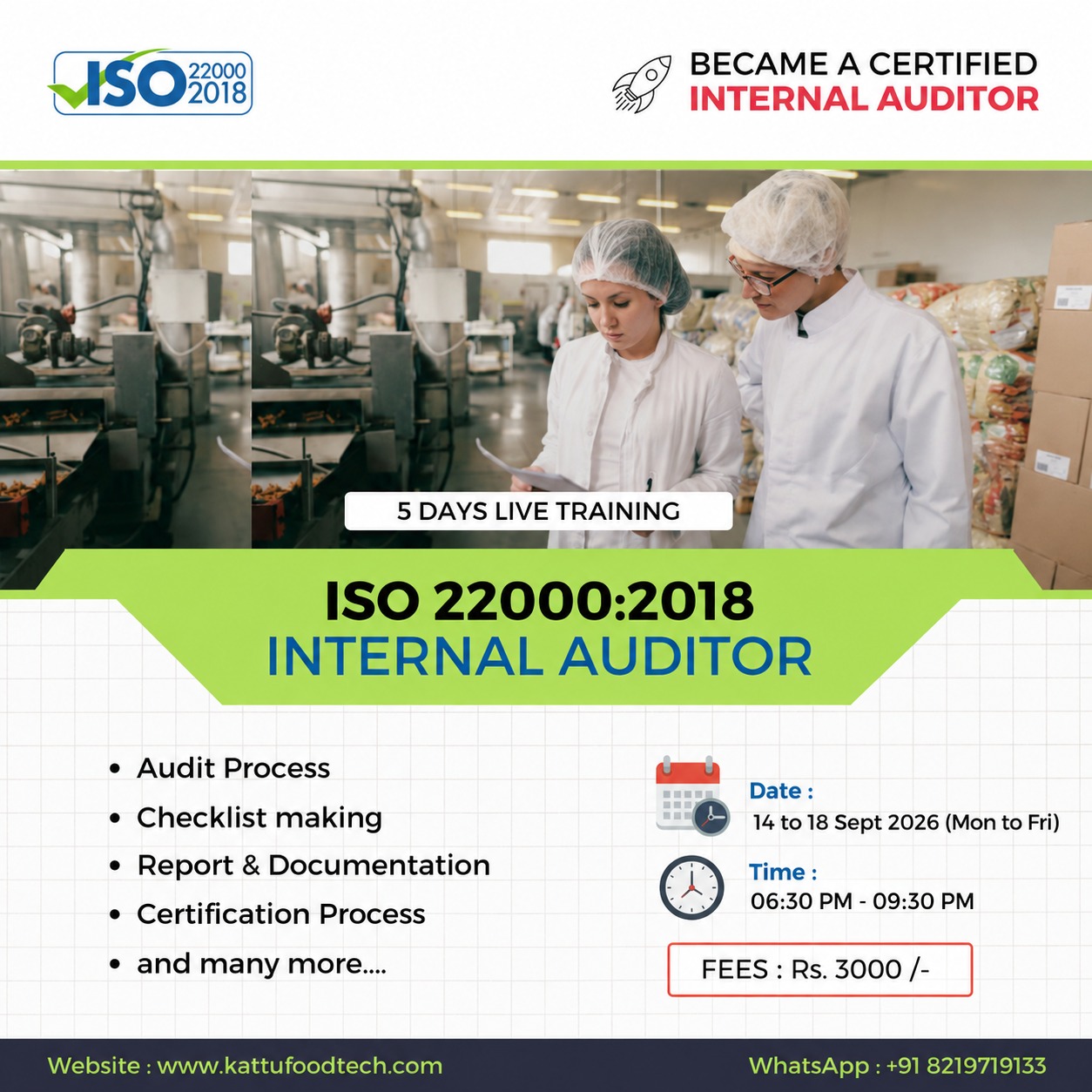 ISO 22000:2018 Internal Auditor Training - 5 Days training program - Check here for upcoming dates, certificate details, trainer | KATTUFOODTECH